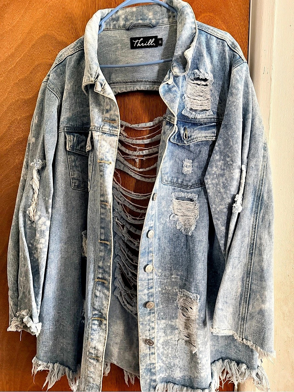 Thrill Distressed Denim Jacket in Blue